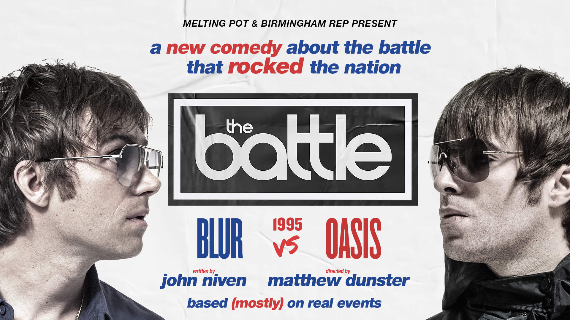 Promotional poster for "The Battle, with red and blue text in a tabloid newspaper style. The actors playing Liam Gallagher and Damon Albarn are facing off, with "Blur vs Oasis 1995" written between them.